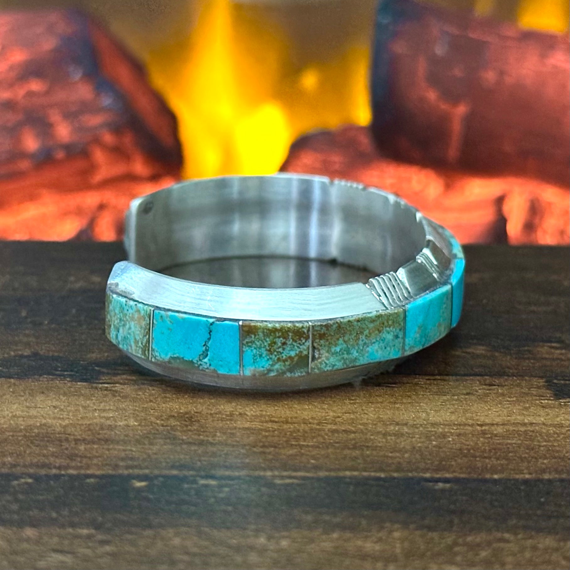 Navajo Steve Francisco Mine #8 Turquoise Sterling Wraparound Inlay Cuff