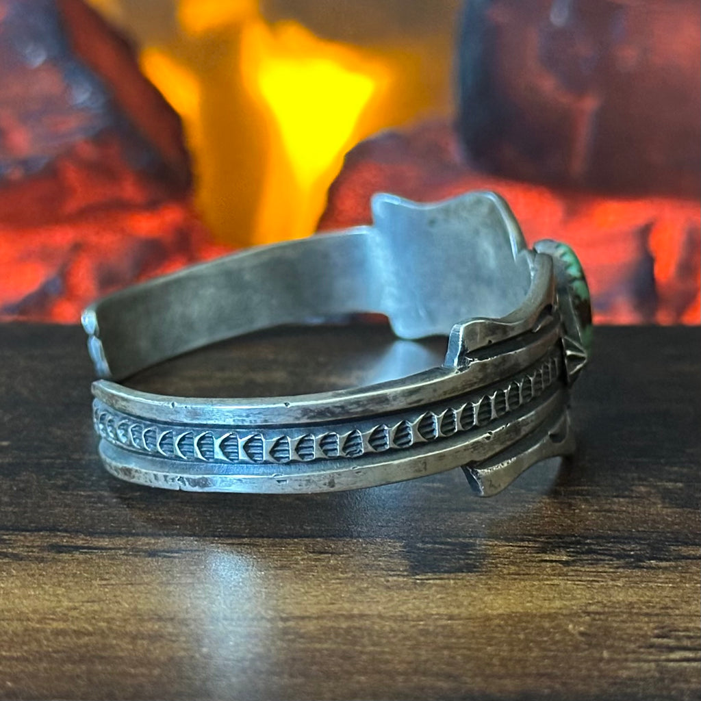 Navajo Linberg & Eva Billah Green Turquoise Sterling Hand Stamped Cast Cuff