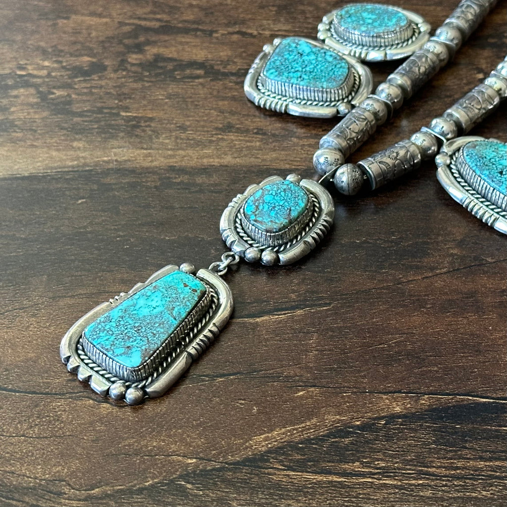 Navajo Tom Willeto Webbed Turquoise 6 Stone Sterling Handmade Stamped Cylinder Bead Statement Necklace