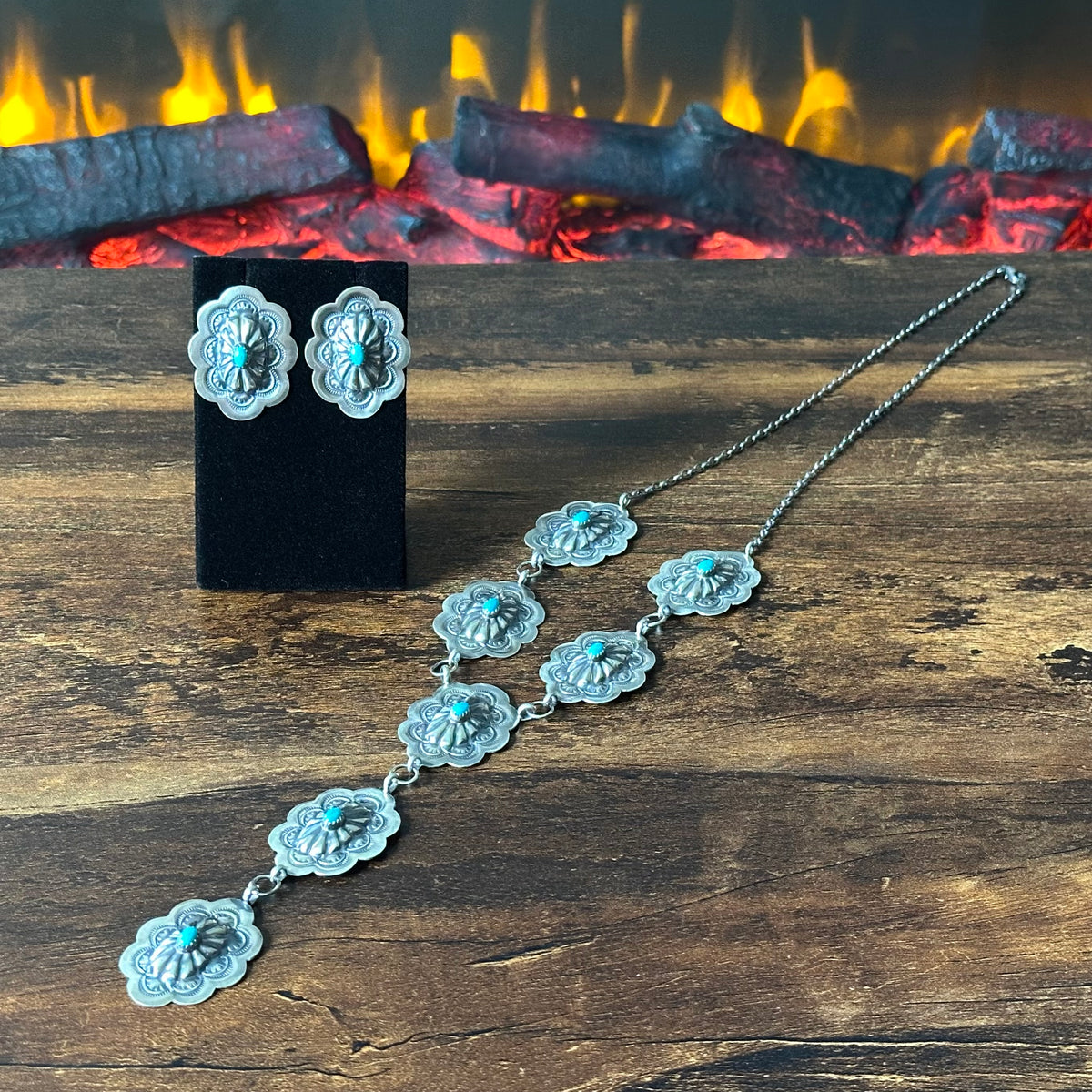 Navajo Raymond Benally Turquoise 7 Stone Sterling Hand Stamped Concho Lariat Necklace Earrings Set