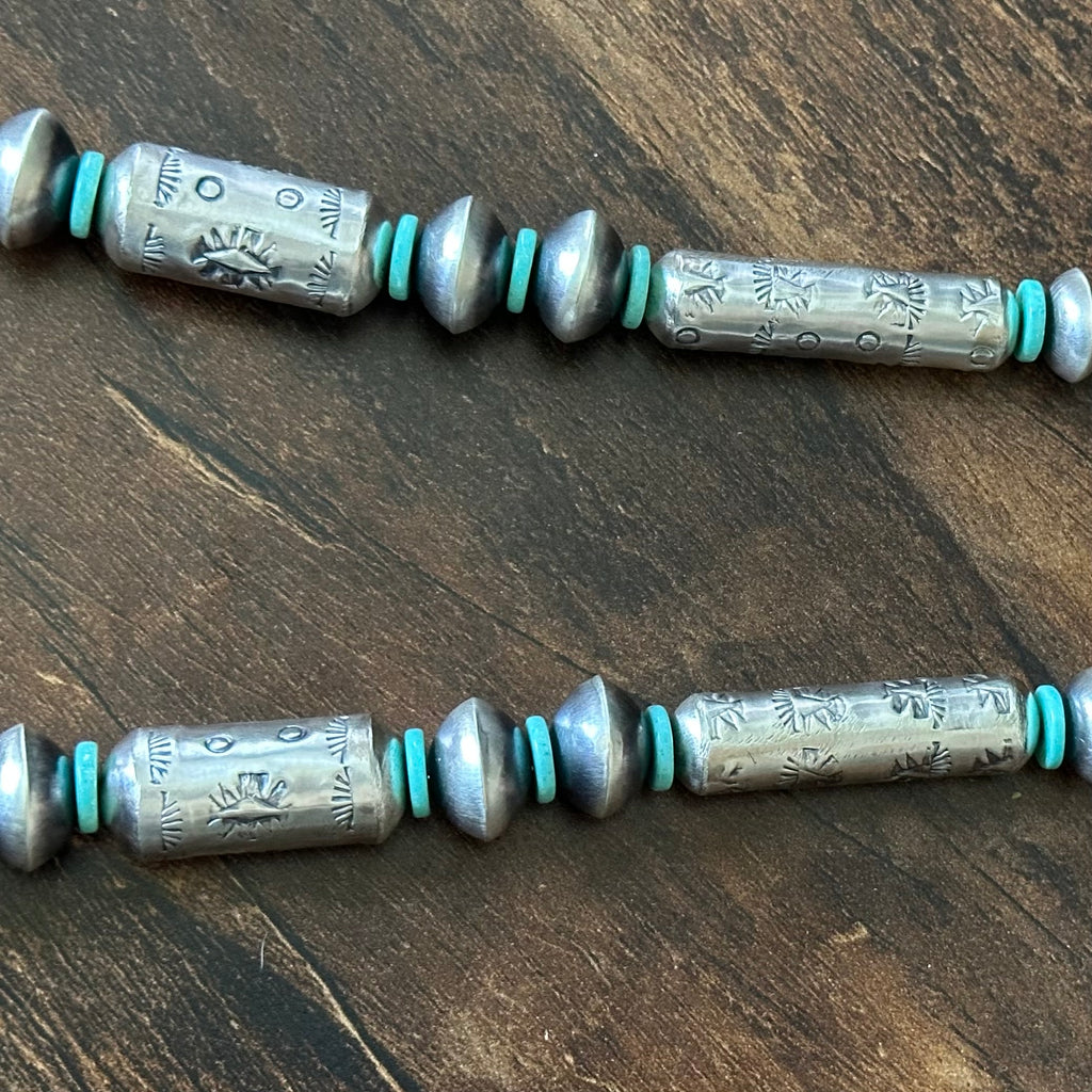 Navajo Tysha Aparicio Turquoise Sterling Handmade Cylinder Bead Stamped Necklace Earrings Set