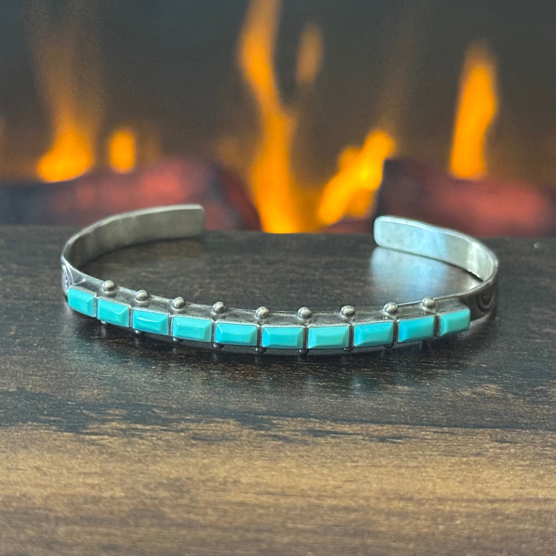 Zuni Ernest & Vivnita Bewanika Turquoise 10 Stone Sterling Hand Stamped Stacker Cuff
