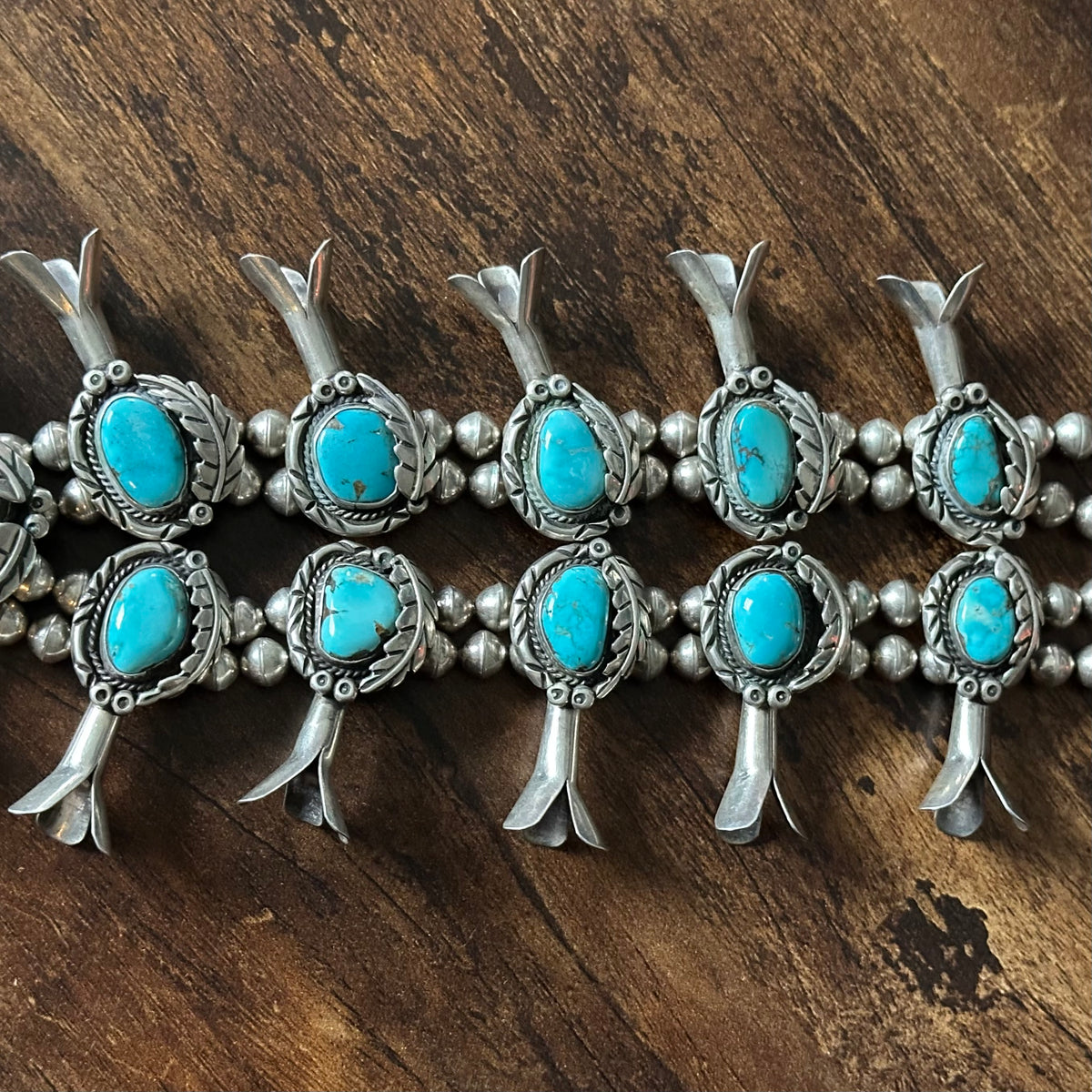 Vintage Turquoise 18 Stone Sterling Handmade Bead Twist Wire Leaf Squash Blossom