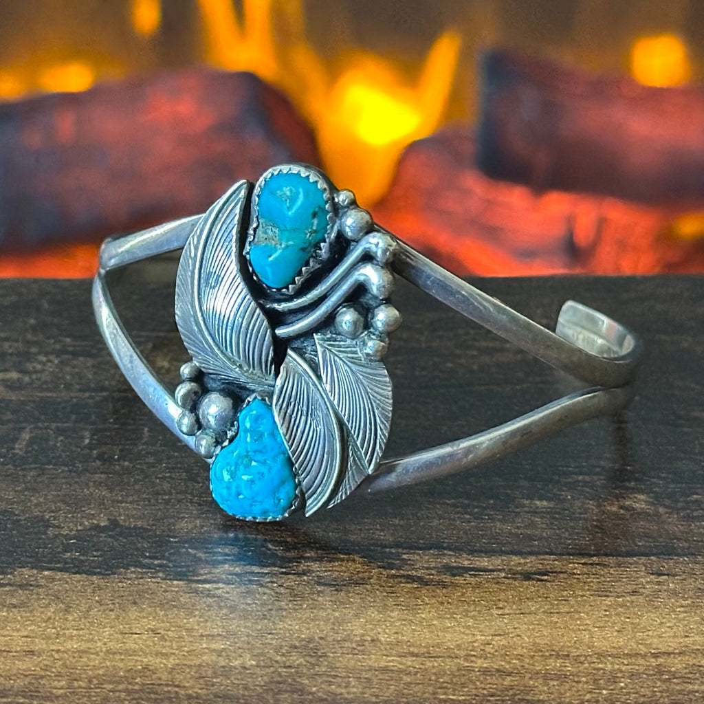 LA Signed Turquoise Sterling Raindrop Leaf Statement Cuff