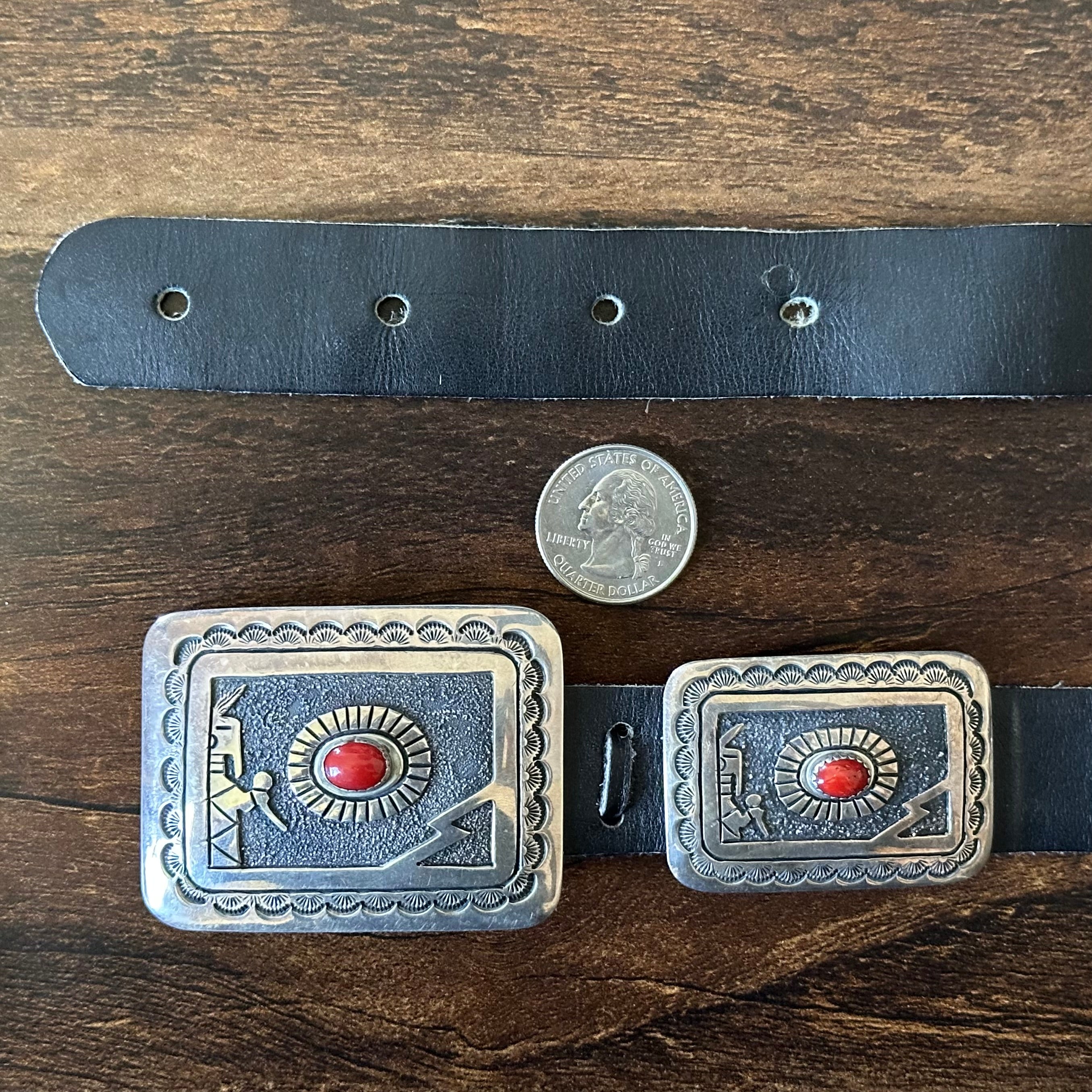 Navajo Jerome Begay 1984 Red Coral 11 Concho Sterling Overlay Hand Stamped Belt Pendant Set