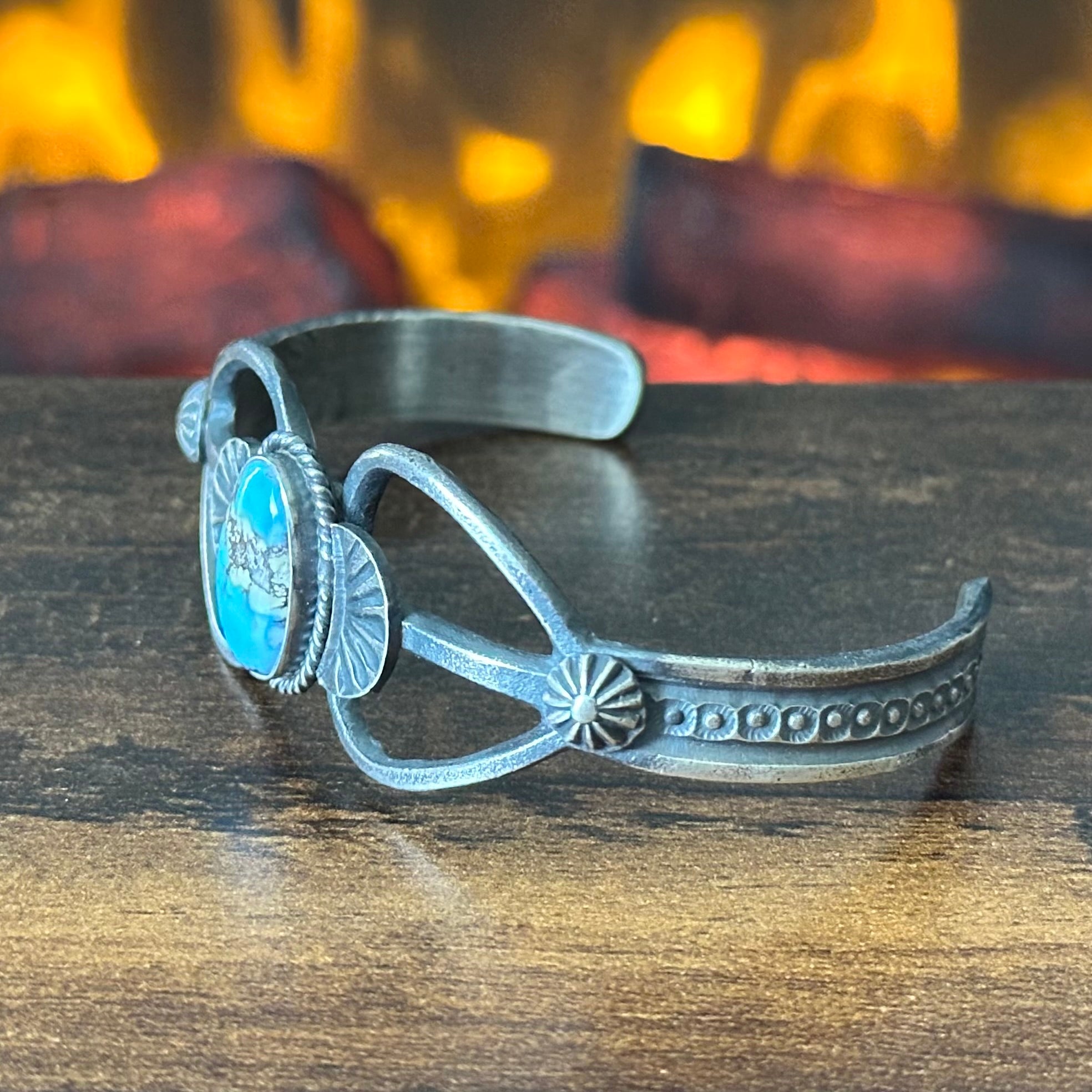 Navajo Kevin Billah Golden Hills Turquoise Hand Stamped Sterling Oxidized Cuff