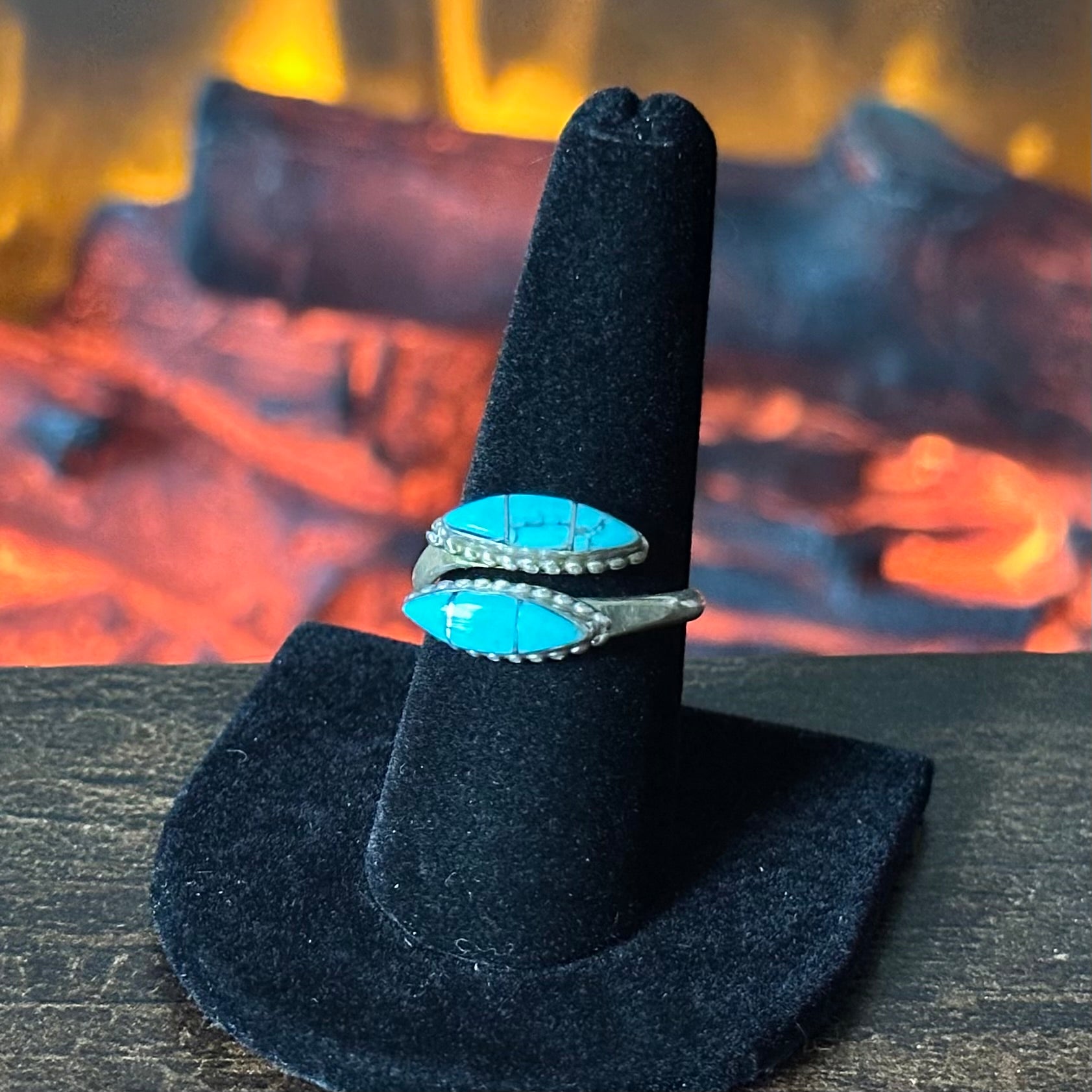 Blue-Green Turquoise Sterling Adjustable Inlay Ring