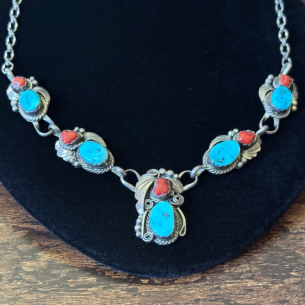 Navajo Justin Morris Turquoise Red Coral 10 Stone Sterling Ornate Station Necklace