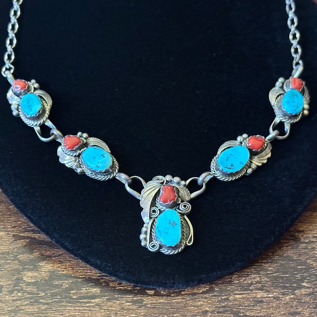 Navajo Justin Morris Turquoise Red Coral 10 Stone Sterling Ornate Station Necklace
