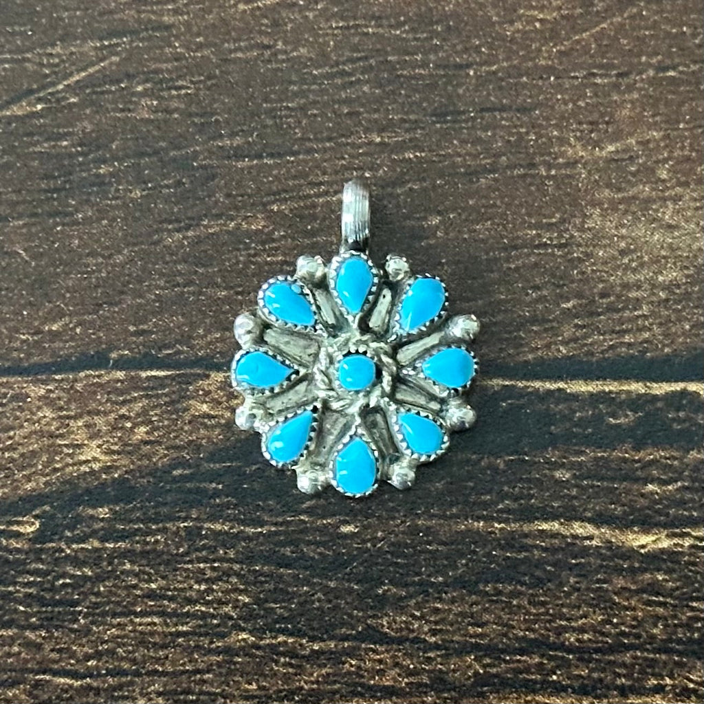 Turquoise 9 Stone Sterling Petite Point Twist Wire Bezel Floral Raindrop Pendant