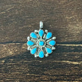 Turquoise 9 Stone Sterling Petite Point Twist Wire Bezel Floral Raindrop Pendant