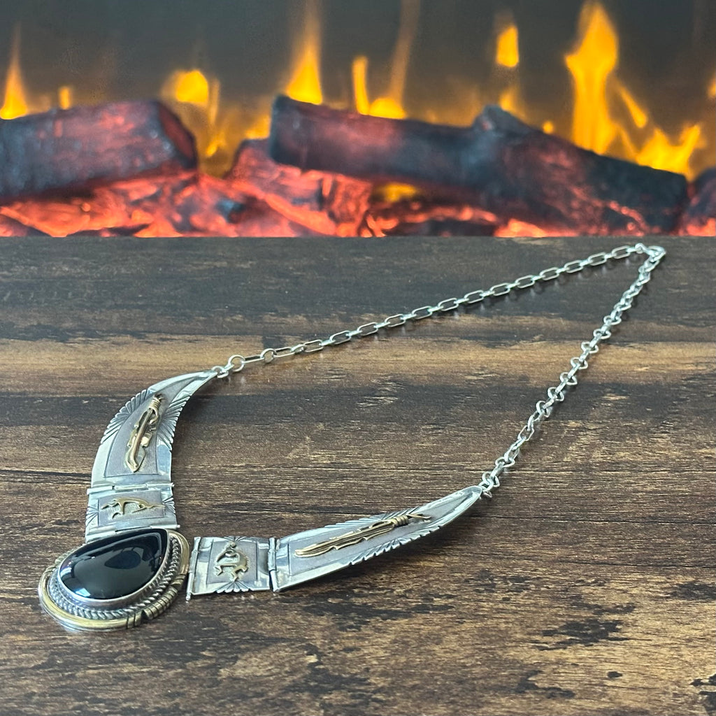 Navajo Lee Bennett Vintage Onyx Sterling 12k Gold Filled Kokopelli Feather Design Statement Necklace