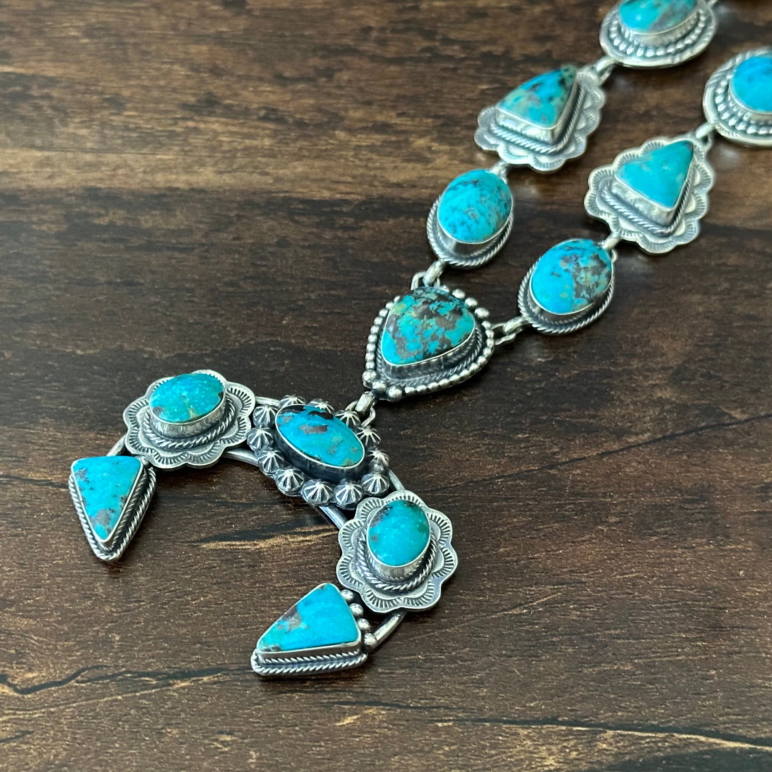 Running Bear Trading Turquoise 18 Stone Sterling Hand Stamped Twist Wire Naja Statement Necklace