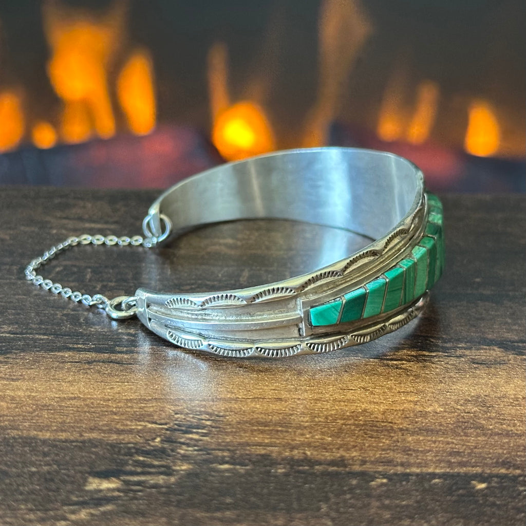 Zuni Eldred & Charlotte Seoutewa Malachite Sterling Hand Stamped Inlay Cuff w/ Chain