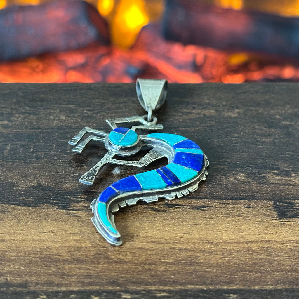 Turquoise Lapis Sterling Kokopelli Inlay Pendant