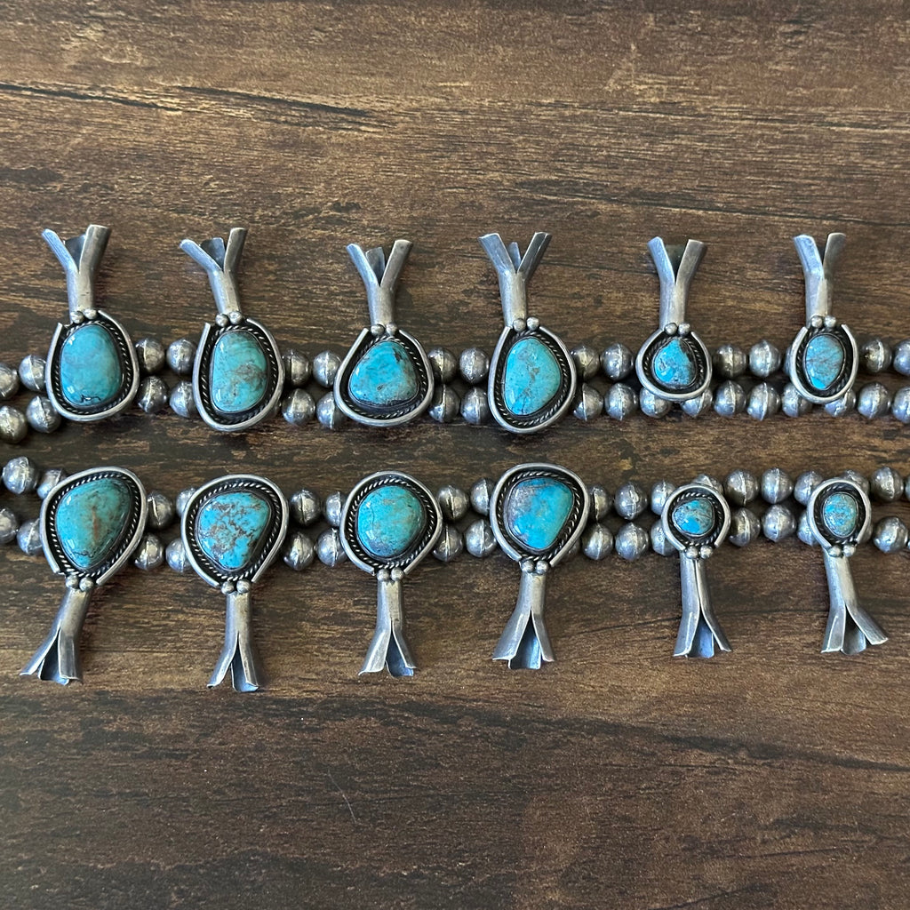 1970-80s Turquoise 20 Stone Sterling Handmade Bead Twist Wire Bezel Squash Blossom