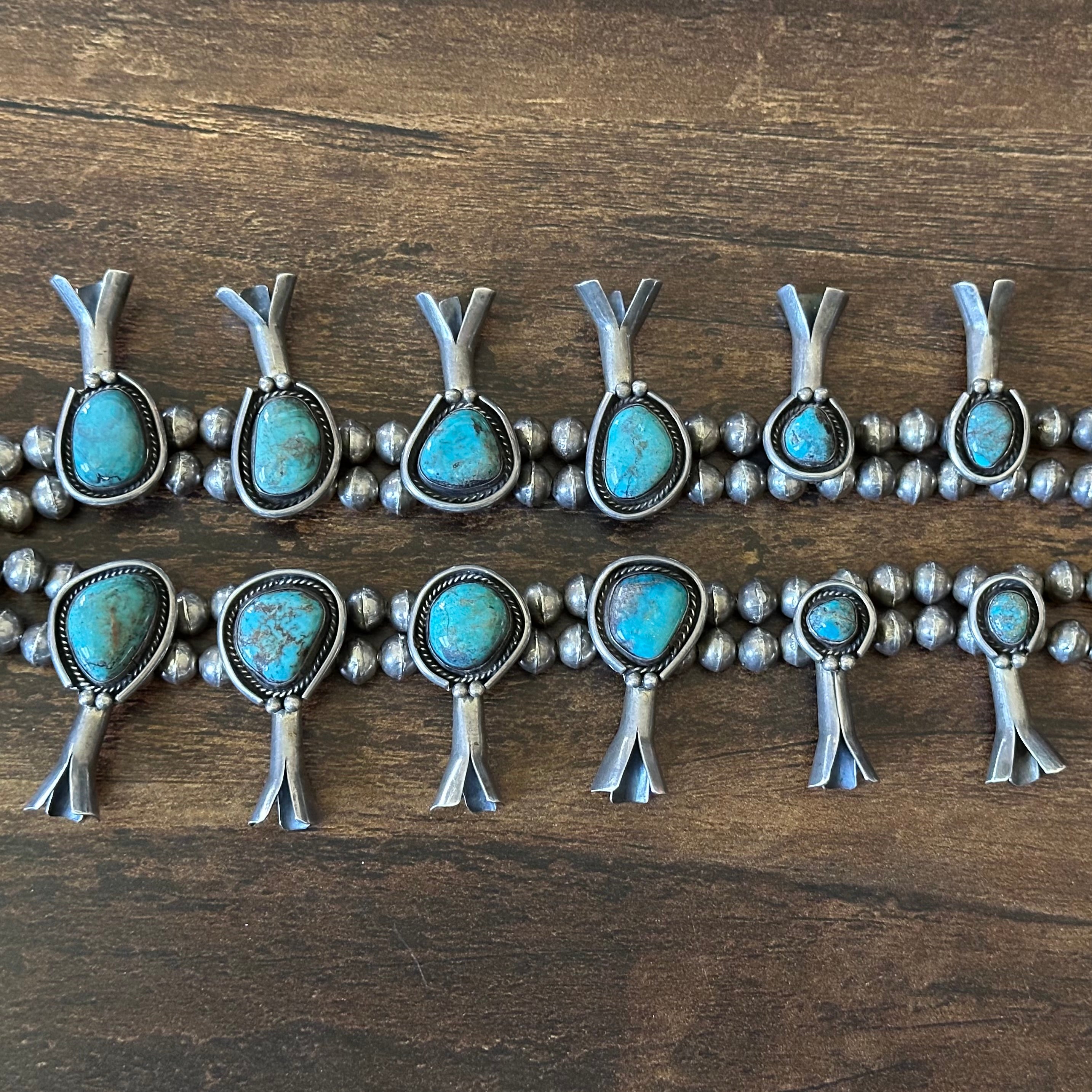 1970-80s Turquoise 20 Stone Sterling Handmade Bead Twist Wire Bezel Squash Blossom