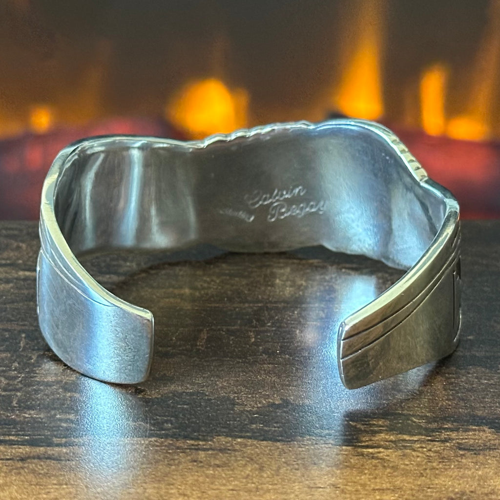 Navajo Calvin Begay Turquoise Malachite Onyx Lapis Red Coral Sterling Overlay Geometric Inlay Cuff