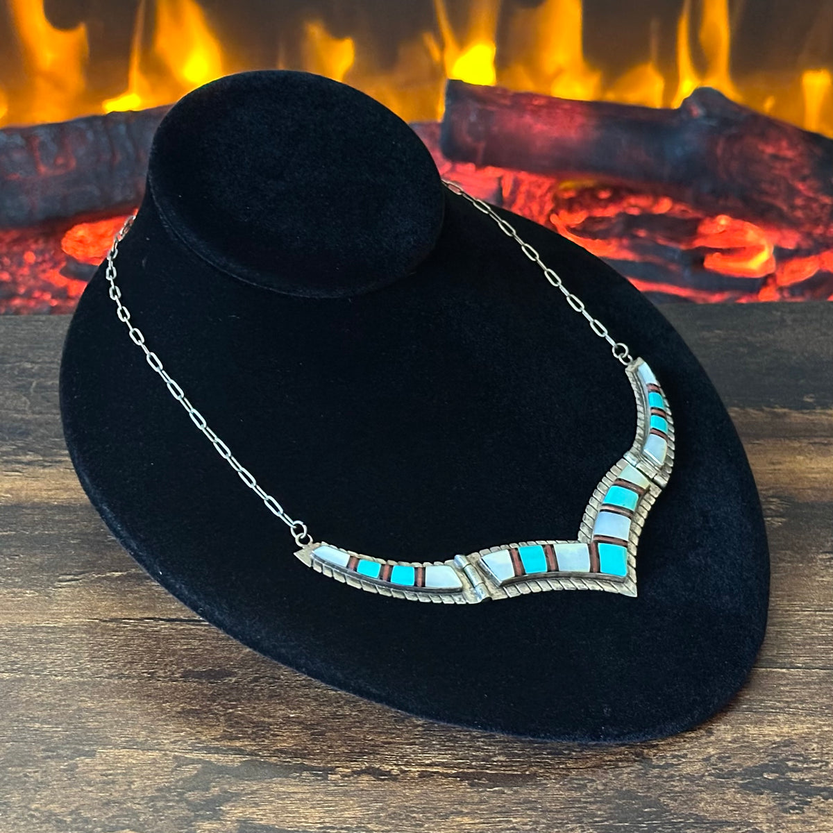 Vintage R Signed Turquoise Mother of Pearl Red Coral Sterling Hinged Inlay Necklace