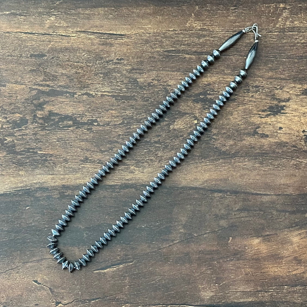 Sterling Oxidized Fluted Bench Bead Necklace