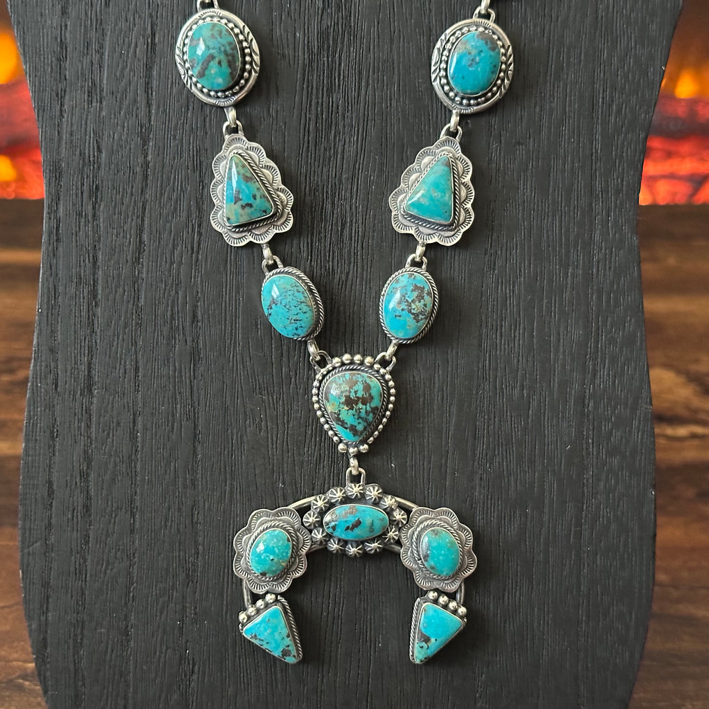 Running Bear Trading Turquoise 18 Stone Sterling Hand Stamped Twist Wire Naja Statement Necklace