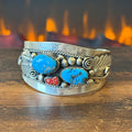Navajo Wilbur Wauneka Turquoise Red Coral Sterling Ornate Leaf Statement Cuff