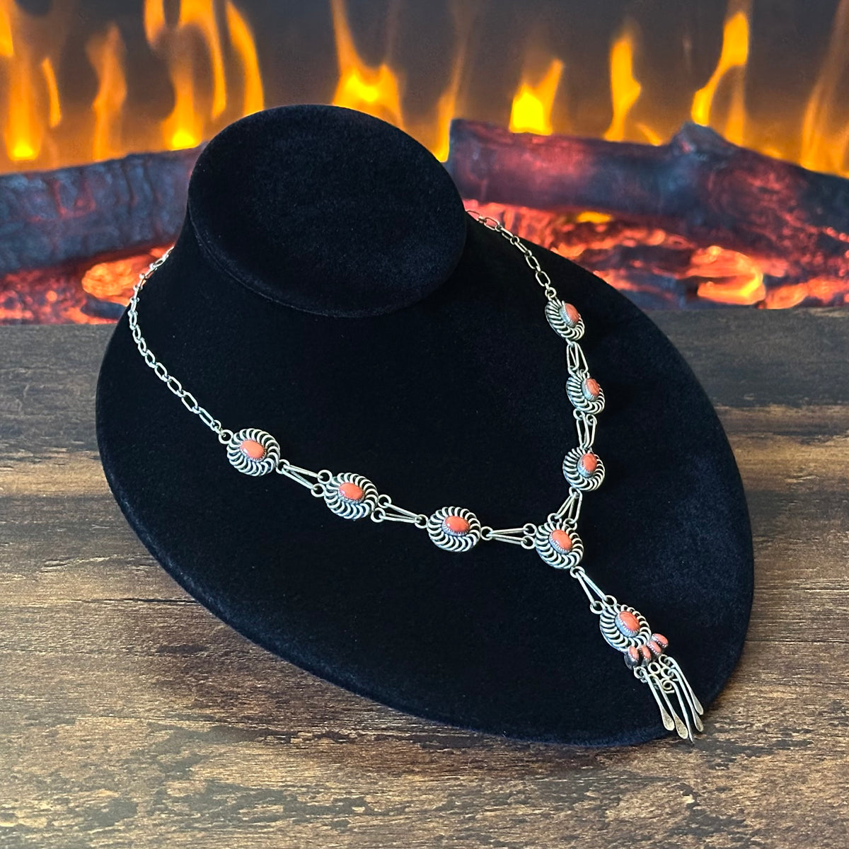 Zuni Al Lemontino Signed Vintage Red Coral 12 Stone Sterling Lariat Tassel Necklace