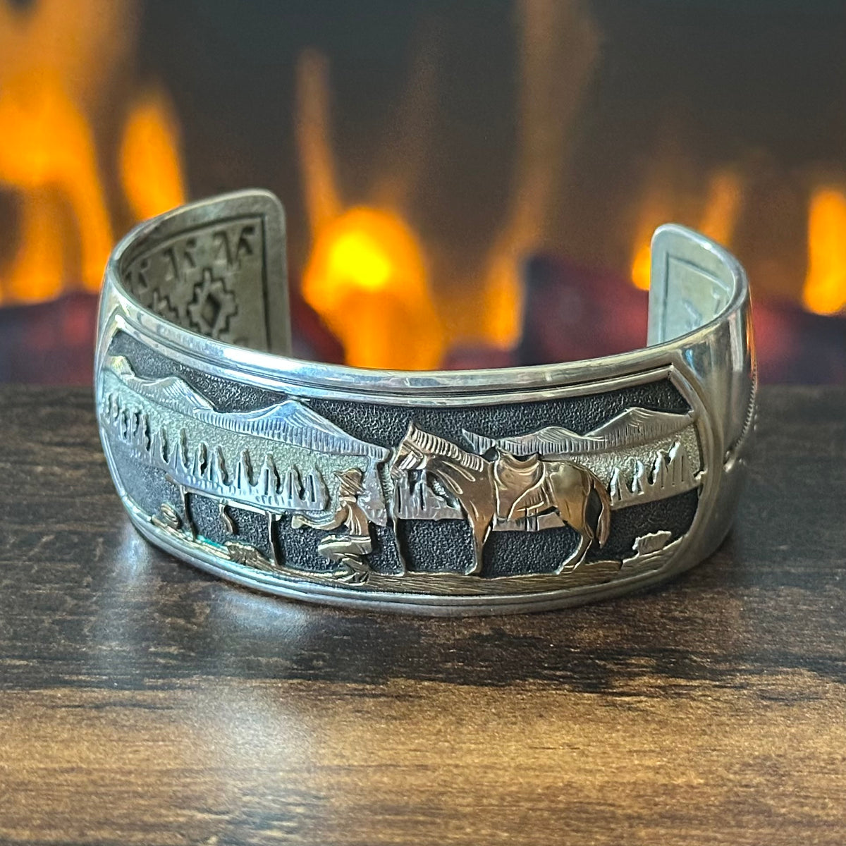 Navajo Delbert Saunders Gold Over Sterling Hand Stamped Horse Storyteller Cuff