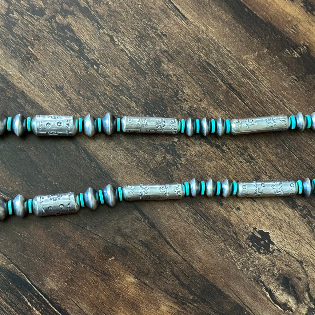 Navajo Tysha Aparicio Turquoise Sterling Handmade Cylinder Bead Stamped Necklace Earrings Set