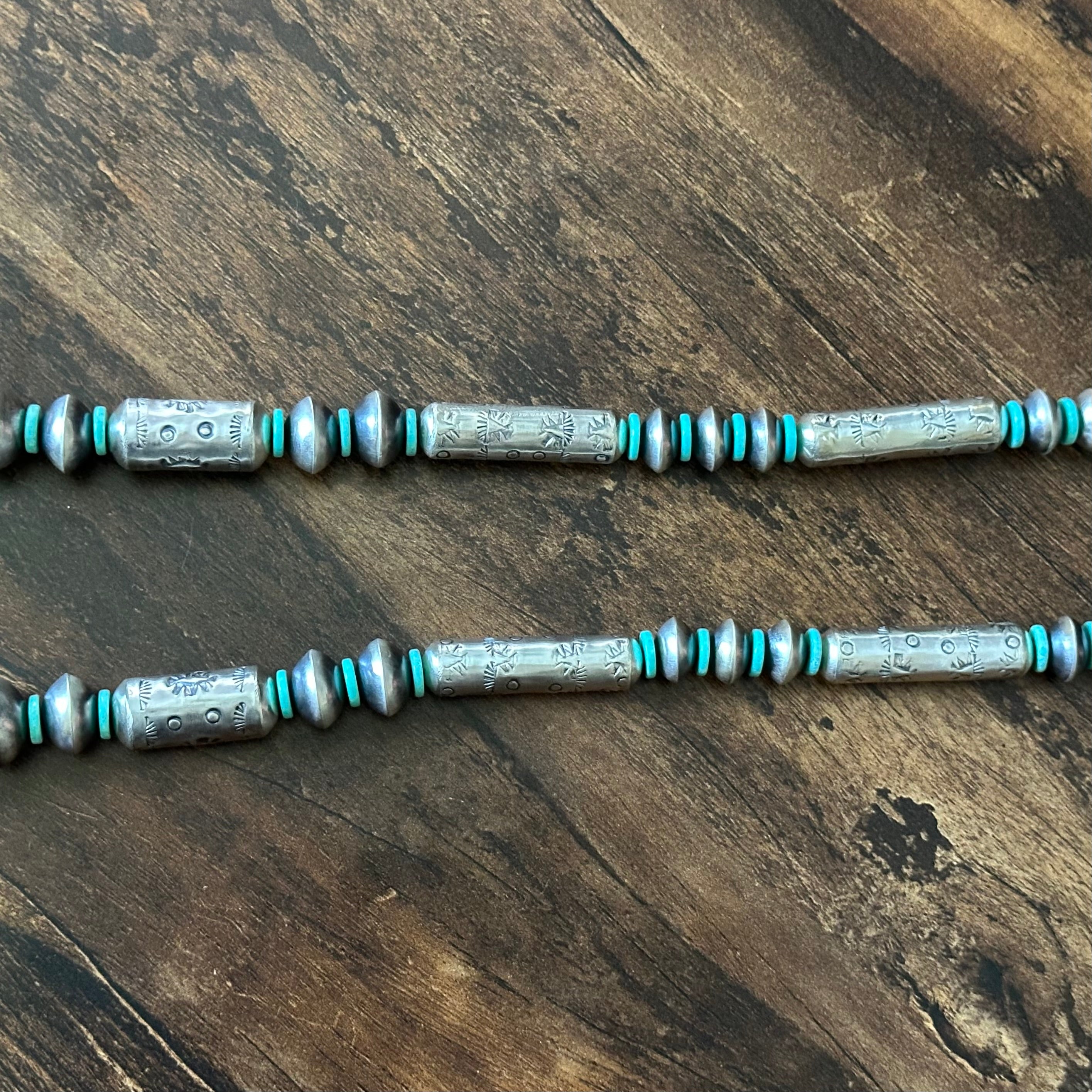Navajo Tysha Aparicio Turquoise Sterling Handmade Cylinder Bead Stamped Necklace Earrings Set