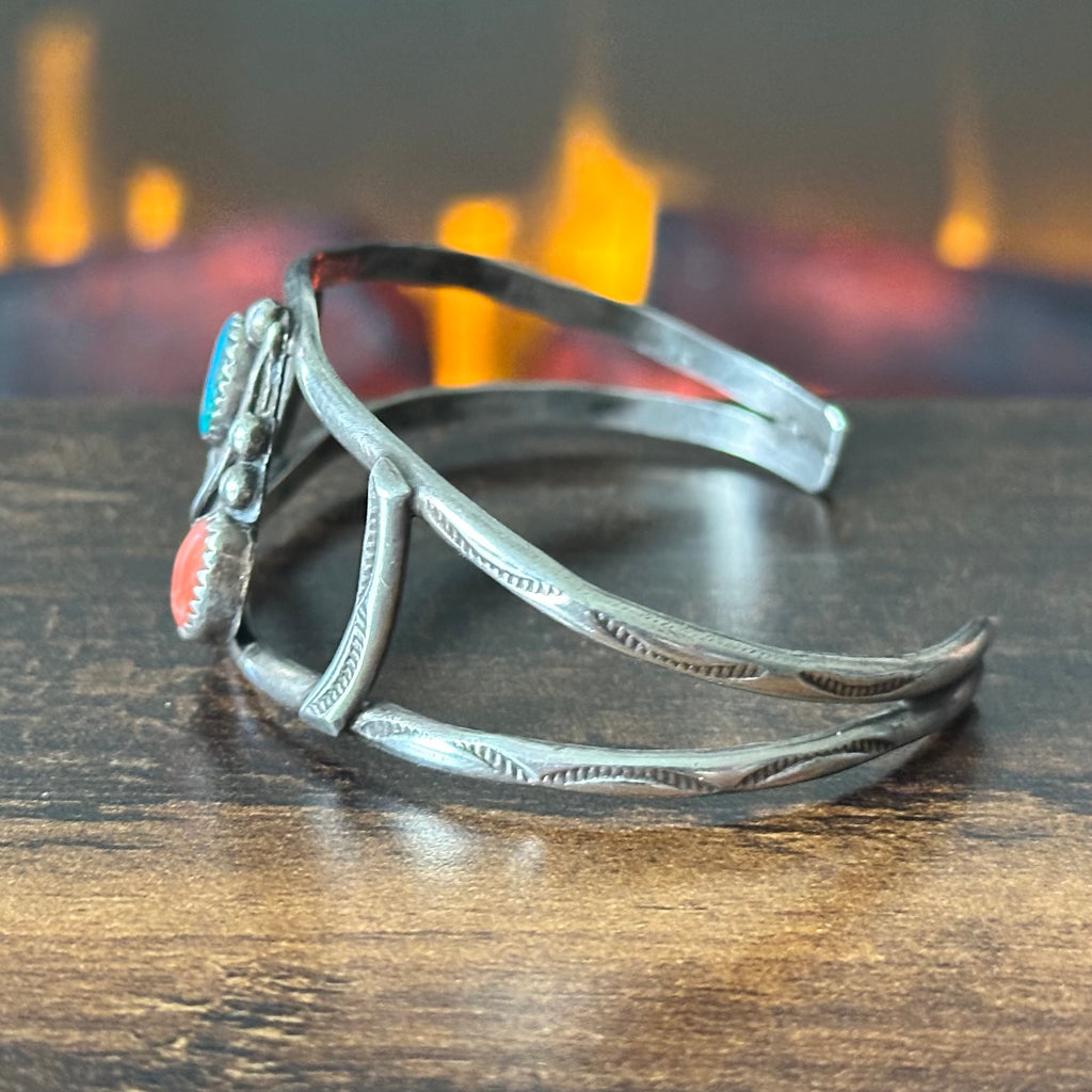 Turquoise Red Coral Sterling Hand Stamped Raindrop Feather Cuff