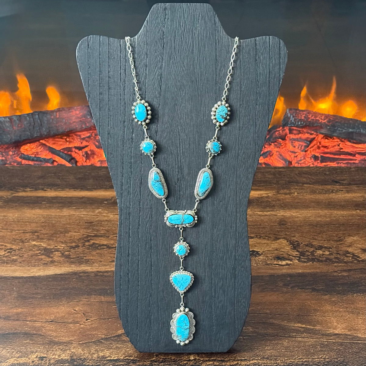 Running Bear Trading Turquoise 10 Stone Sterling Hand Stamped Twist Wire Bezel Lariat