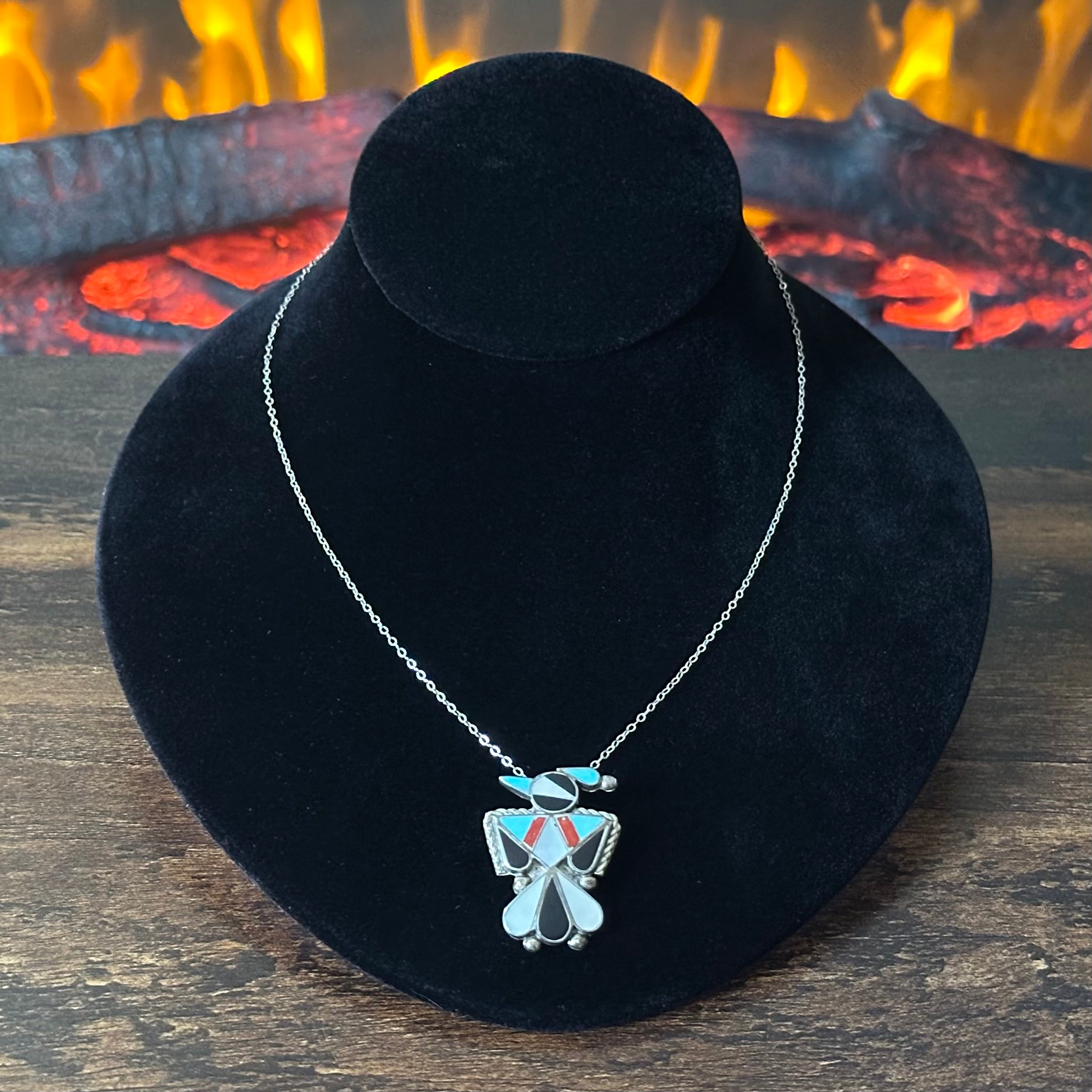 Turquoise Red Coral Mother of Pearl Jet Sterling Peyote Bird Inlay Pendant/Pin Necklace