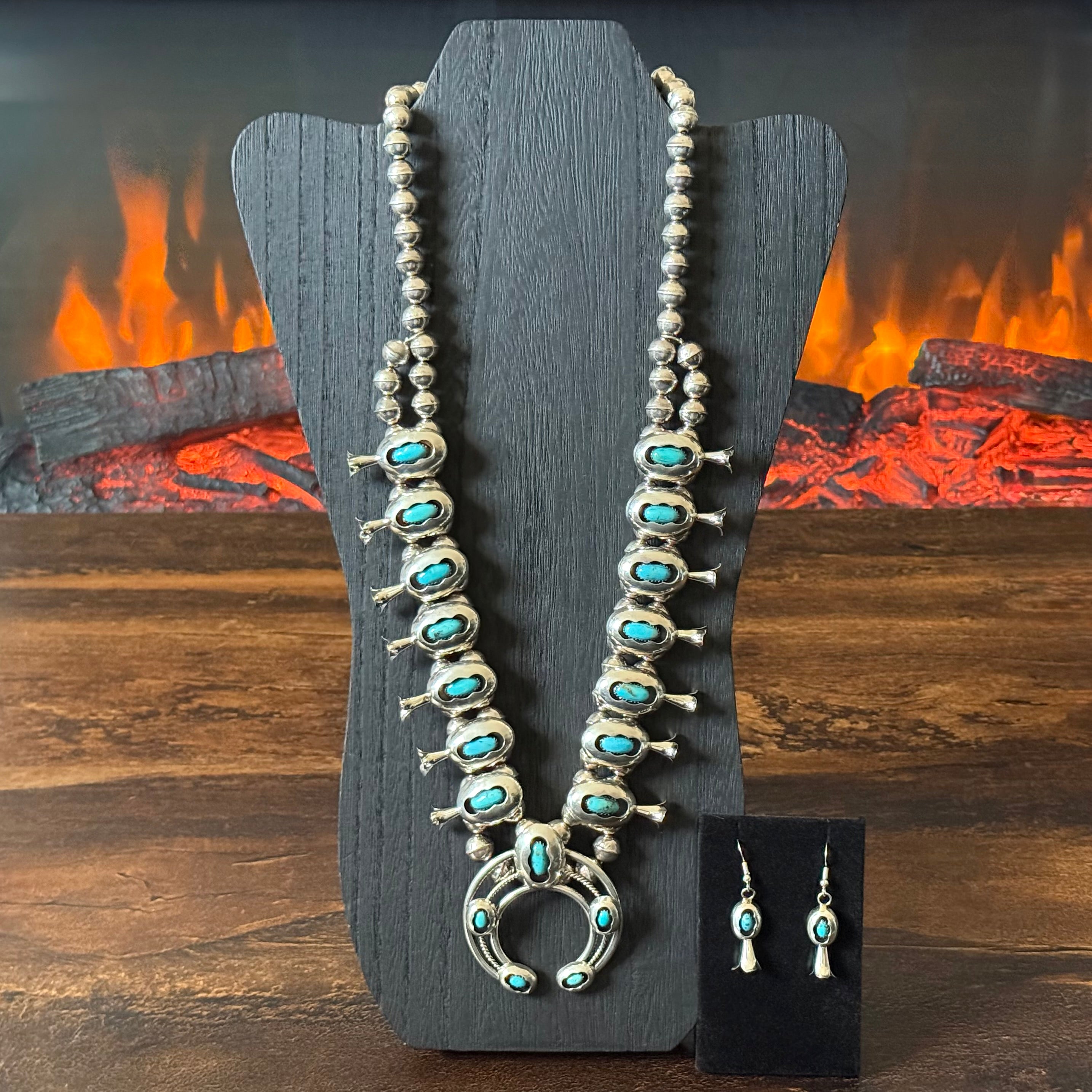 Navajo Marie Kirlie Turquoise 19 Stone Sterling 10mm Handmade Bead Shadowbox Squash Blossom Earrings Set