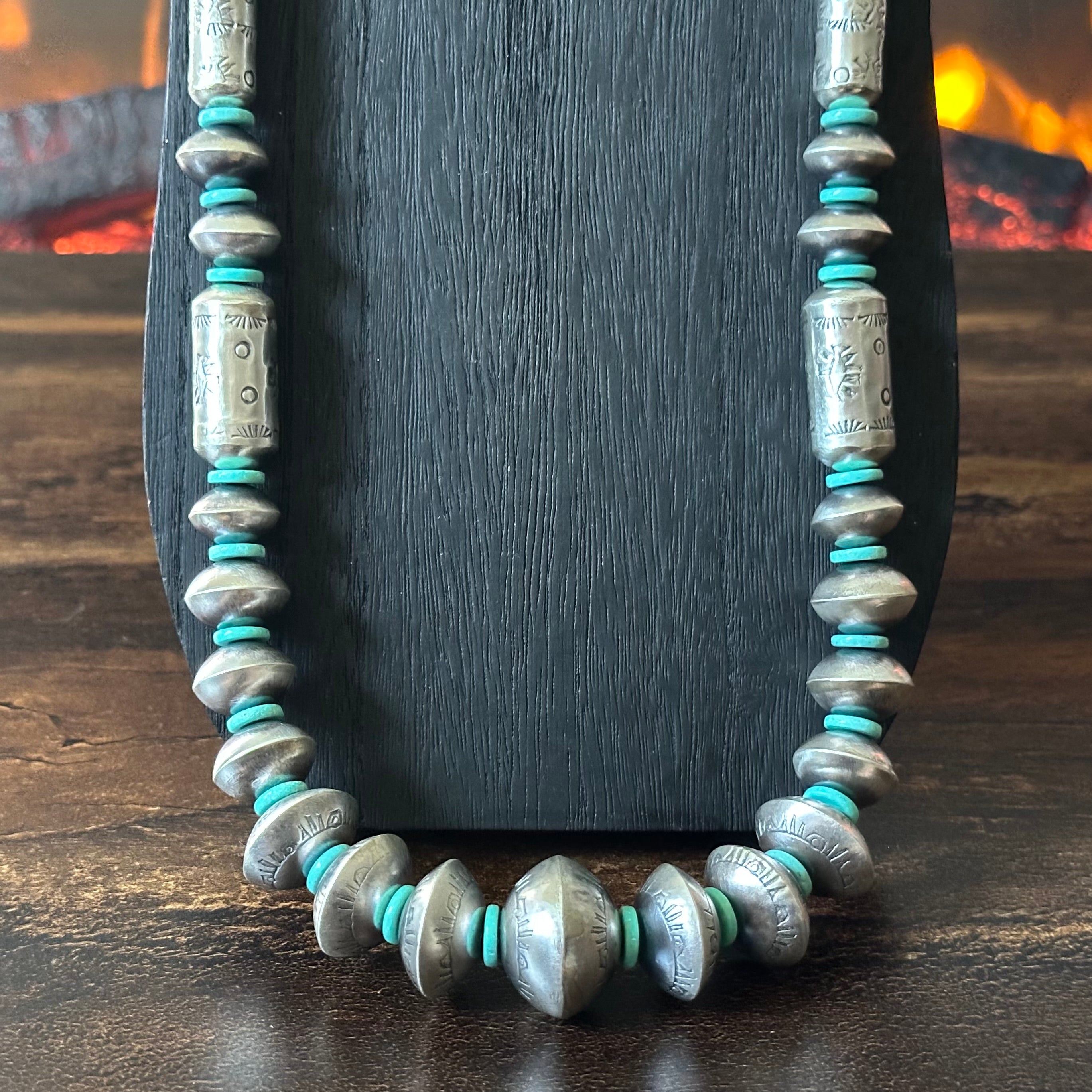 Navajo Tysha Aparicio Turquoise Sterling Handmade Cylinder Bead Stamped Necklace Earrings Set