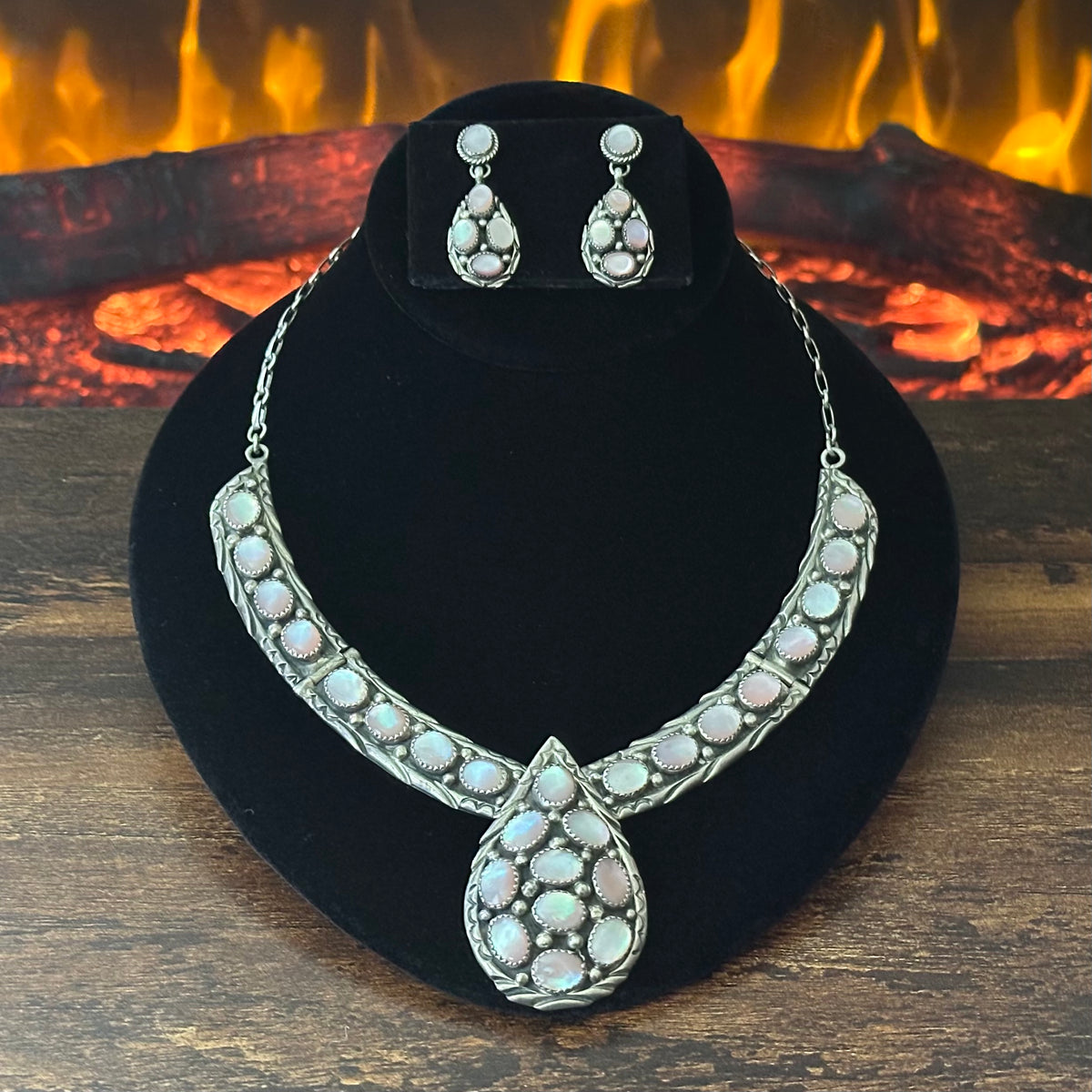 TT Signed Pink Mother of Pearl 26 Stone Sterling Teardrop Cluster Statement Necklace Earring Set