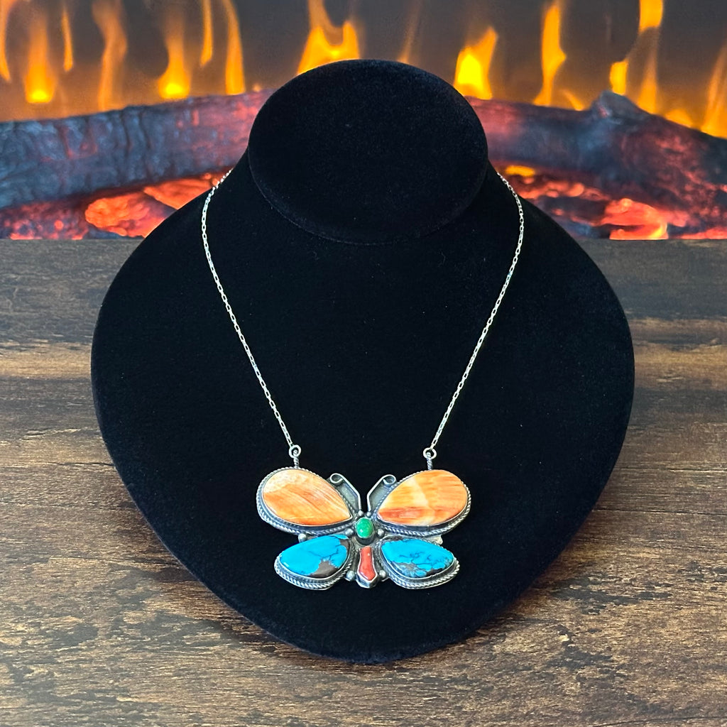 Navajo Phil & Lenora Garcia Turquoise Spiny Oyster Red Coral Sterling Butterfly Pendant Necklace