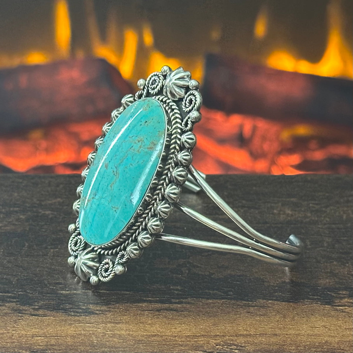 Navajo Jennifer Calladitto Turquoise Sterling Twist Wire Bezel Statement Cuff