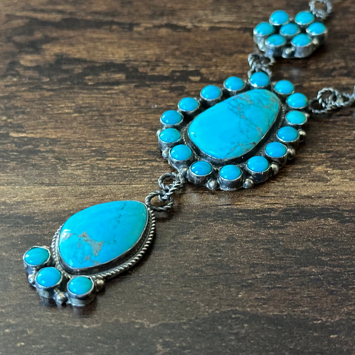 Navajo Devin Brown Kingman Turquoise 34 Stone Sterling Cluster Lariat Necklace