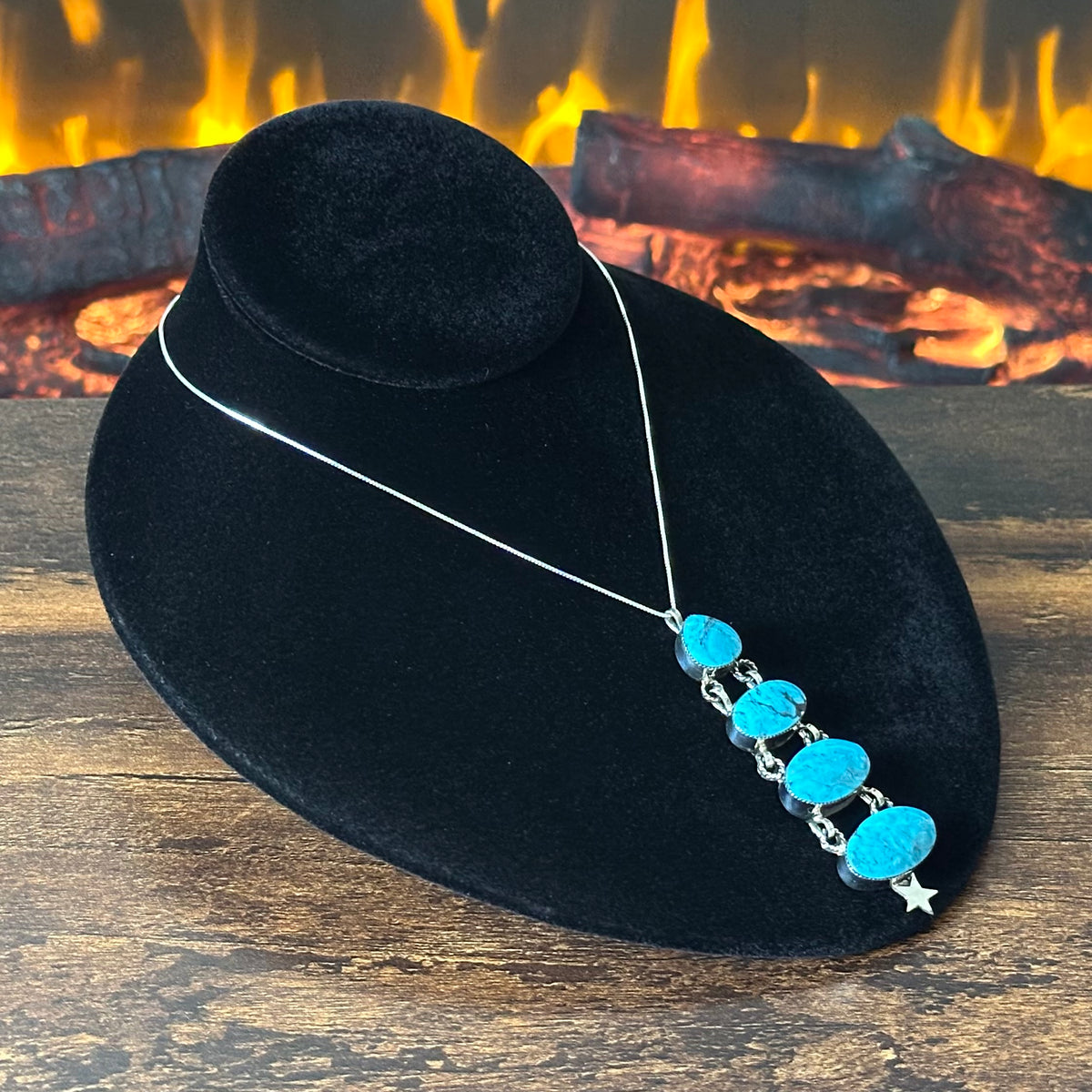 Navajo David Lopez Turquoise 4 Stone Sterling Star Pendant Necklace