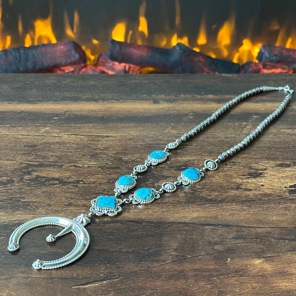 Running Bear Trading Turquoise 5 Stone Sterling Hand Stamped Naja Necklace