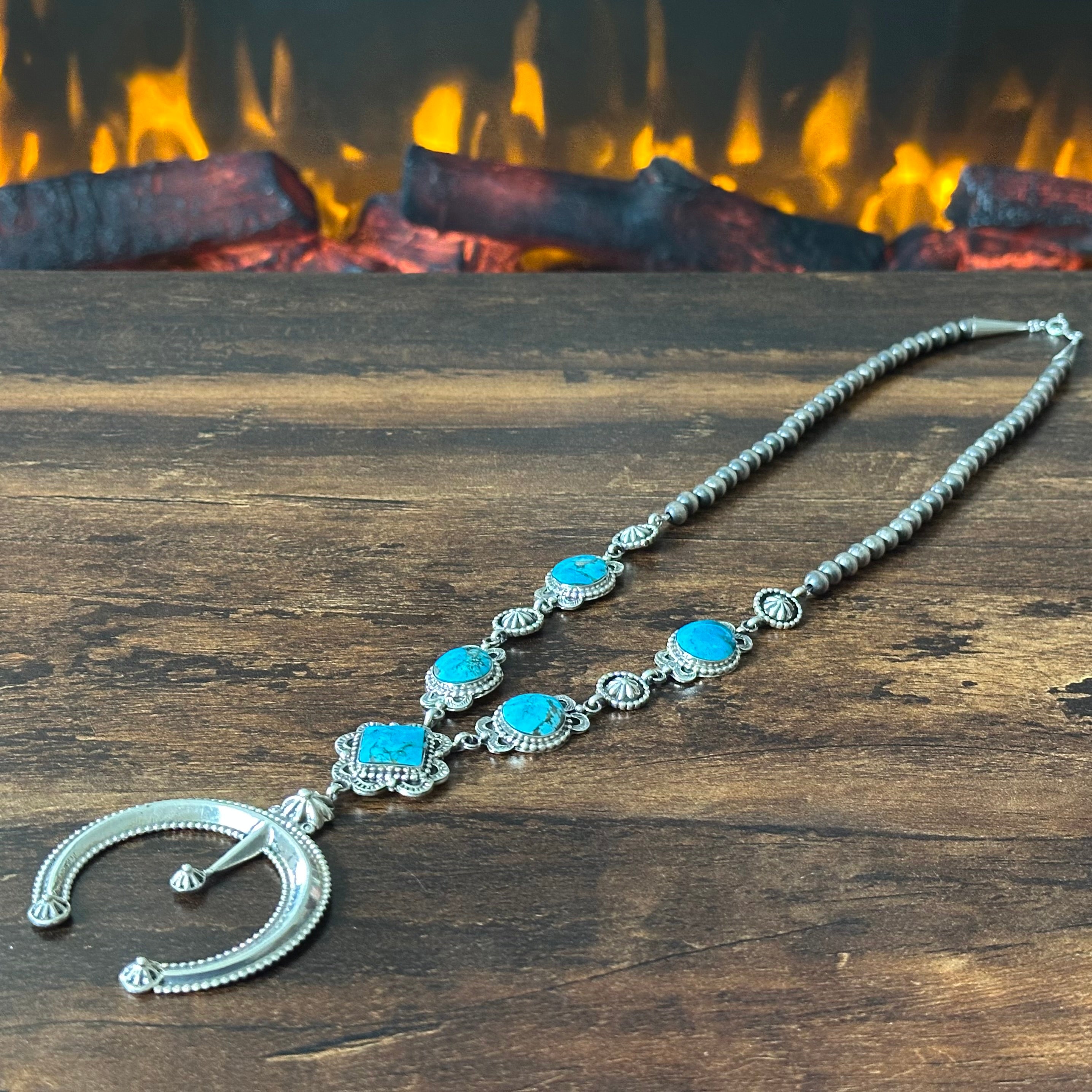 Running Bear Trading Turquoise 5 Stone Sterling Hand Stamped Naja Necklace