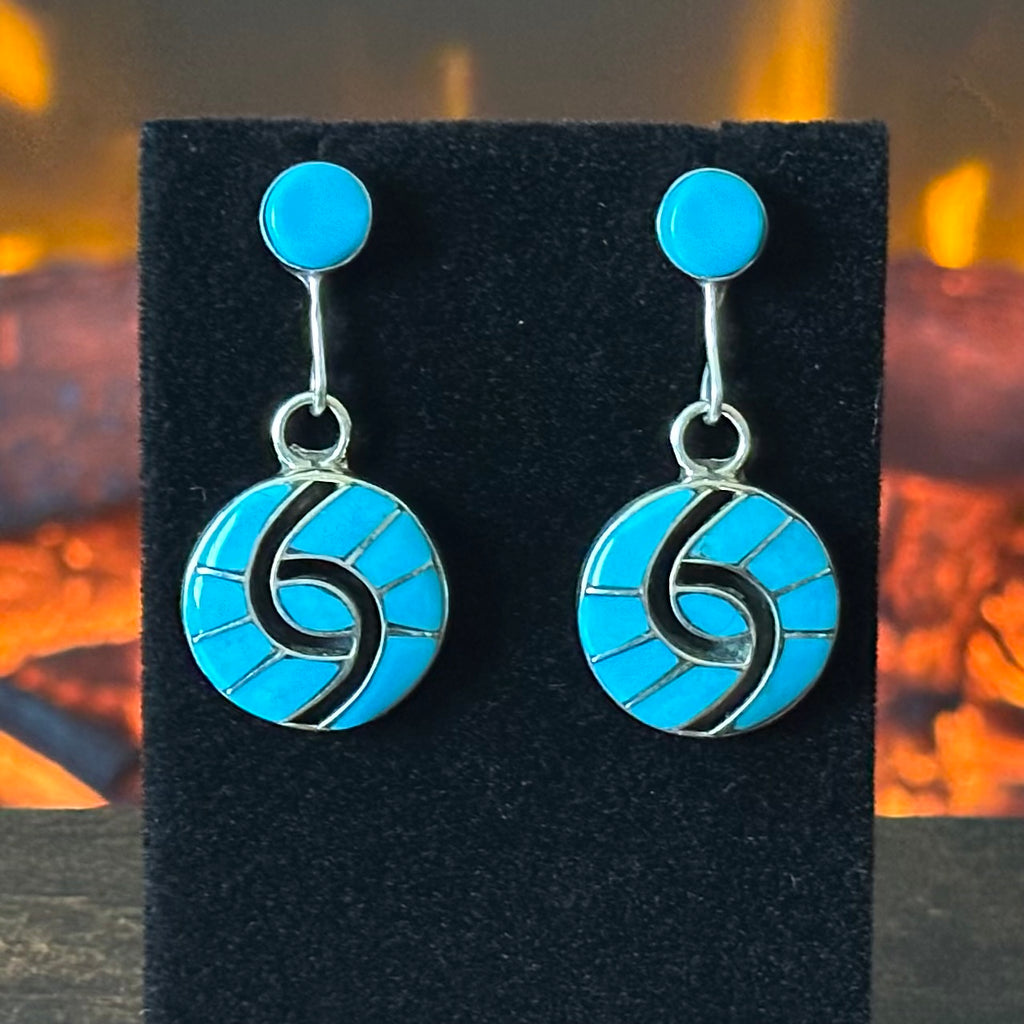 Zuni Amy Wesley Turquoise 20 Stone Sterling Hummingbird Inlay Dangle Earrings