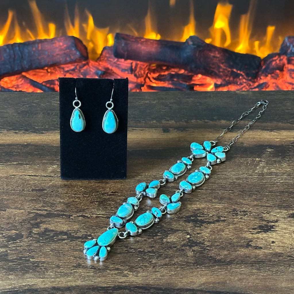 Navajo Kobe Martinez 28 Stone Carico Lake Turquoise Sterling Cluster Lariat Necklace Earrings Set