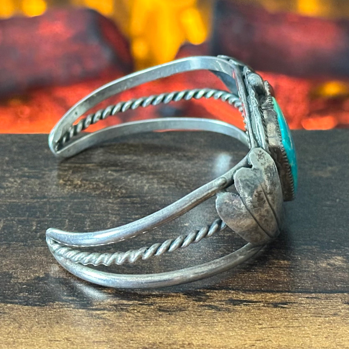 Vintage Turquoise Red Coral Sterling Hand Stamped Twist Wire Cuff