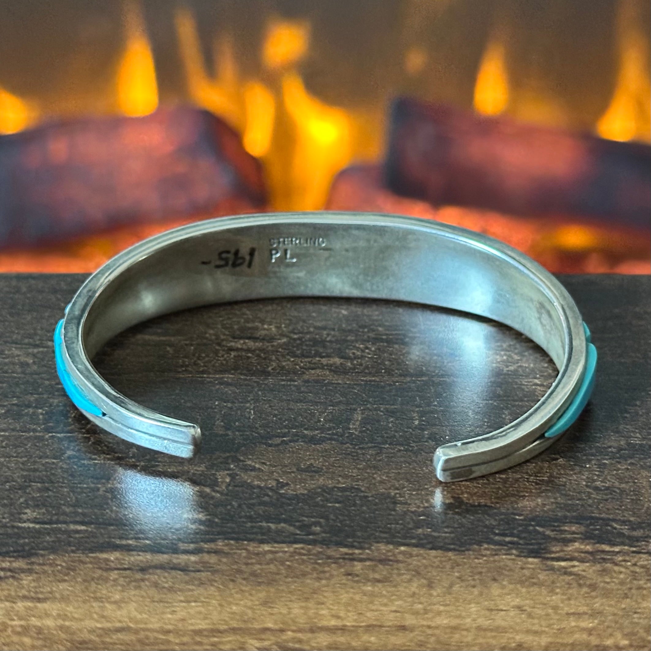 PL Signed Turquoise Sterling Cobblestone Wraparound Inlay Cuff