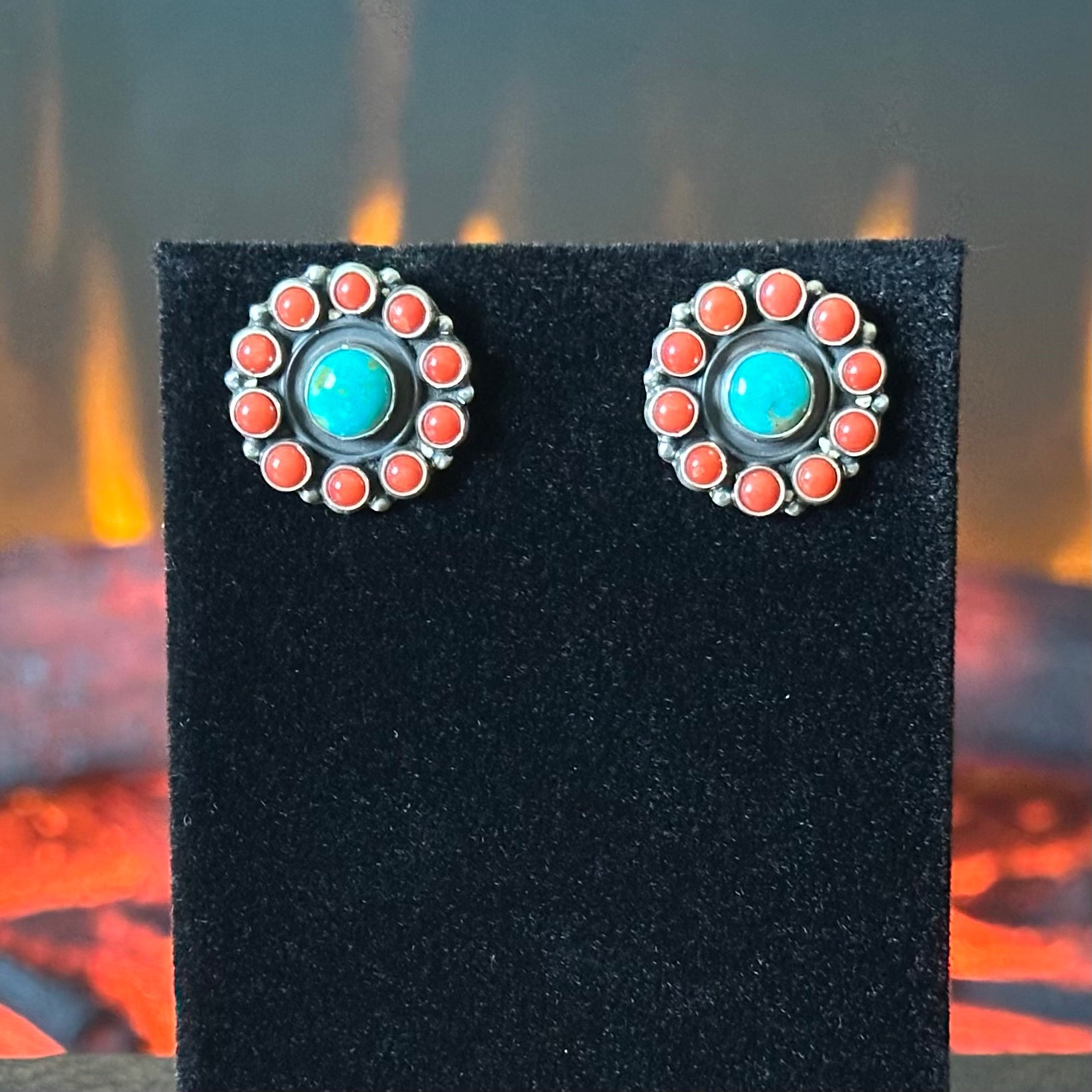 Navajo Martin L Perry Turquoise Red Coral 24 Stone Sterling Snake Eye Stud Earrings