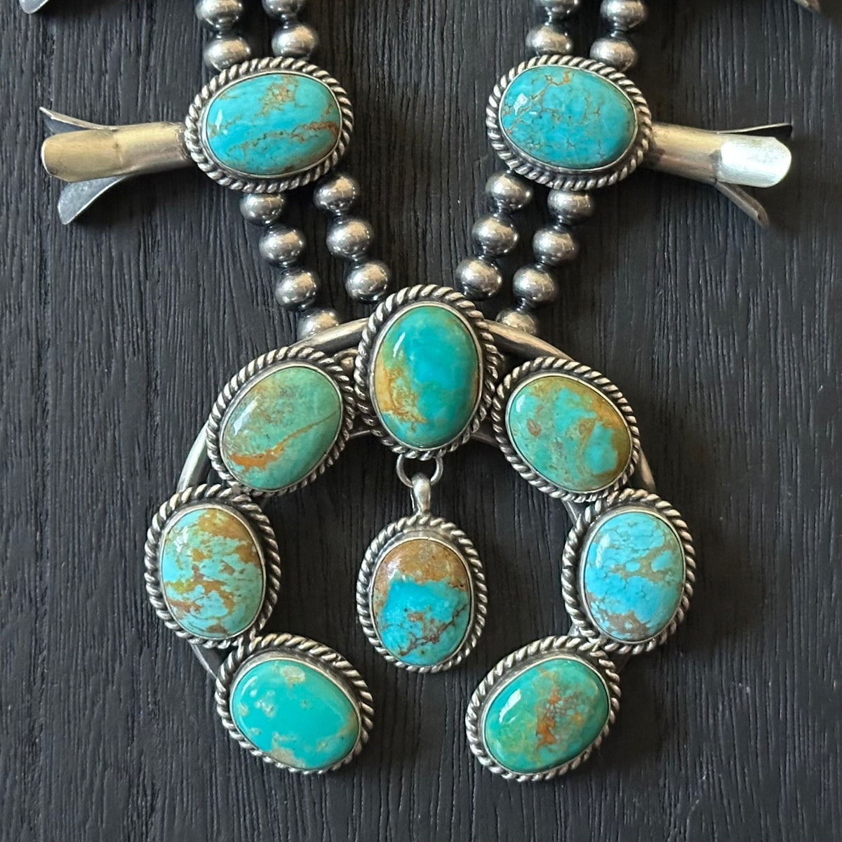 Navajo Elouise Kee Mine #8 Turquoise 18 Stone Sterling Twist Wire Bezel Squash Blossom Earrings Set