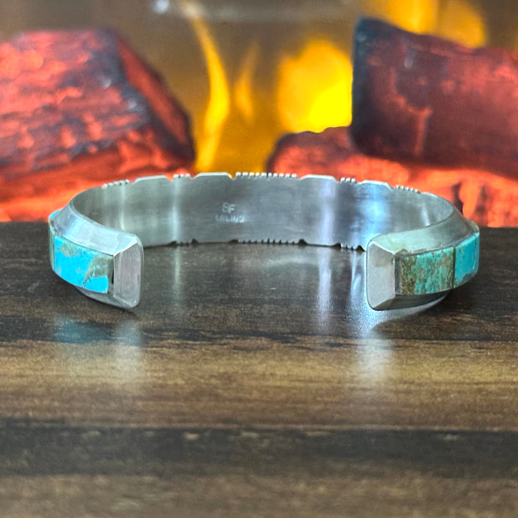 Navajo Steve Francisco Mine #8 Turquoise Sterling Wraparound Inlay Cuff