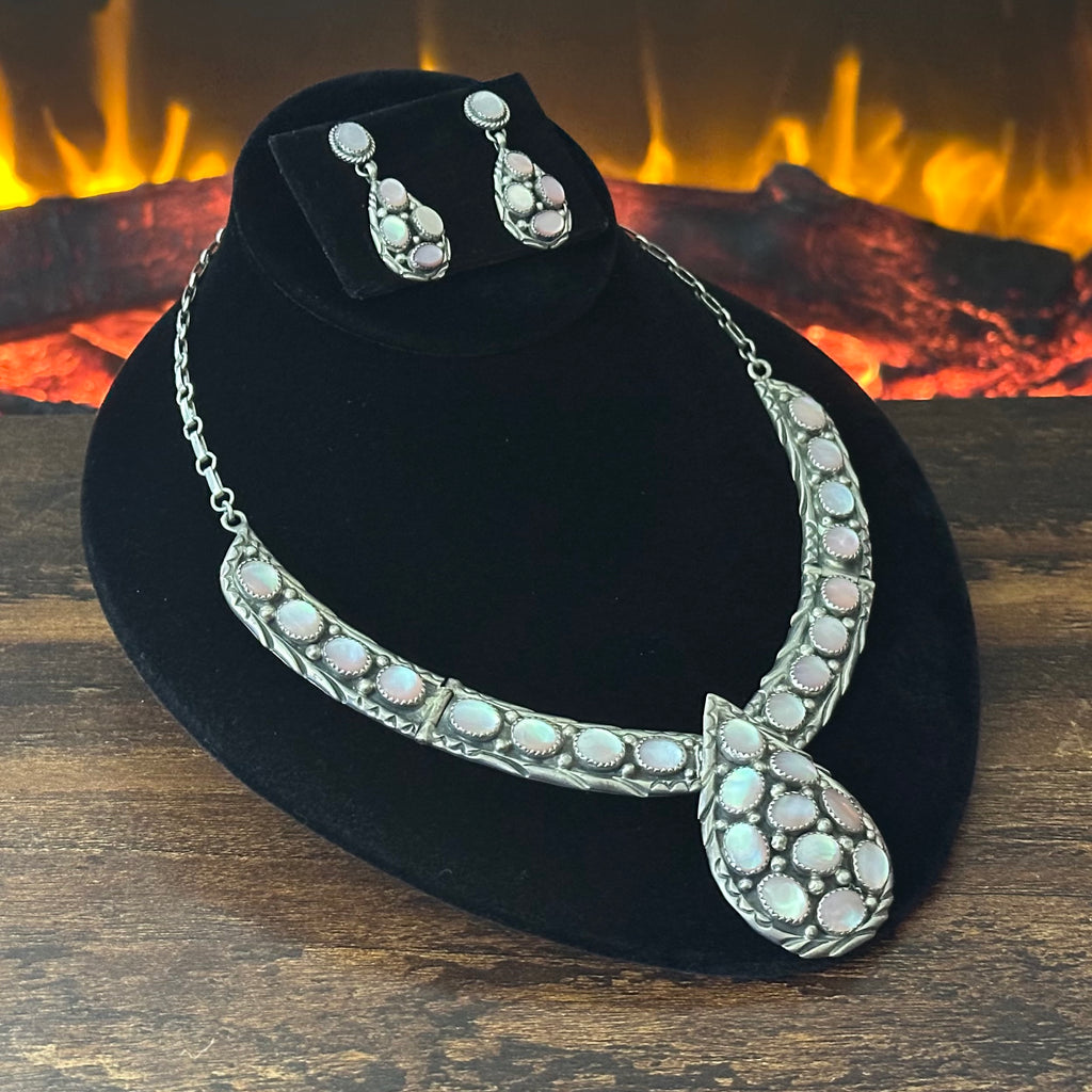 TT Signed Pink Mother of Pearl 26 Stone Sterling Teardrop Cluster Statement Necklace Earring Set